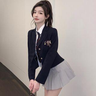 Shirt / Plaid Neck Tie / Safety Pin Blazer / Pleated A-line Skirt / Set