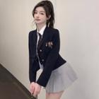 Shirt / Plaid Neck Tie / Safety Pin Blazer / Pleated A-line Skirt / Set
