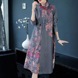 Mock Two-piece Long-sleeve Printed Midi Dress