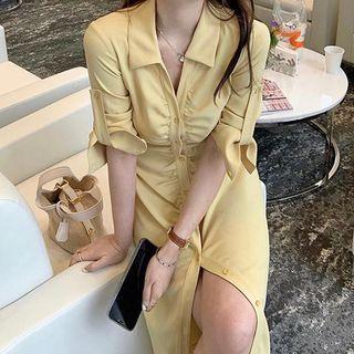 3/4-sleeve Shirred Midi Shirtdress