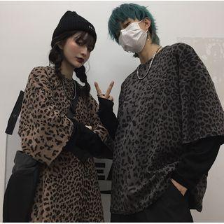 Couple Matching Mock Two Piece Long Sleeve Leopard Print Top
