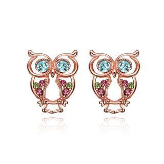 Fashion Cute Plated Rose Gold Owl Stud Earrings With Colorful Austrian Element Crystals Rose Gold - One Size