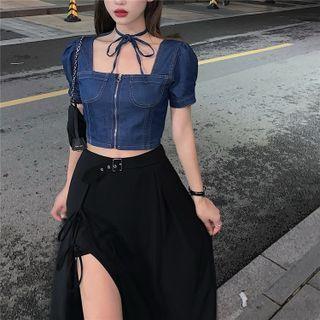 Short-sleeve Denim Top / Slit Midi Skirt
