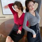Long-sleeve Drawstring Two-tone Sheath Dress