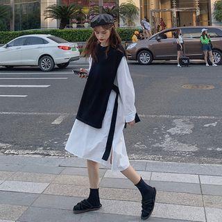 Long-sleeve Midi Shift Dress / Side-slit Knit Vest
