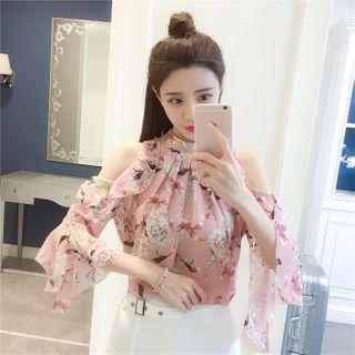 Flower Print Cold-shoulder Bell-sleeve Chiffon Blouse