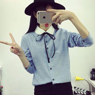 Tie Neck Striped Shirt