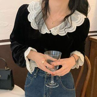 Velvet Blouse White Lace - Black - One Size