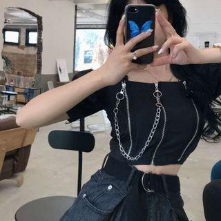 Puff-sleeve Chain Zip Crop Top