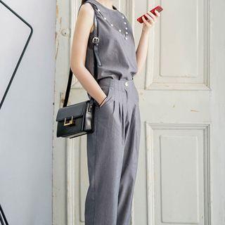 Set: Sleeveless Beaded Blouse + Cropped Harem Pants