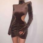 Velvet Long-sleeve Mock-neck Cut-out Ruched Mini Dress