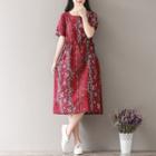Short-sleeve Floral Linen A-line Midi Dress