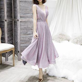 V-neck Pleated Front Glittered Sleeveless Cocktail Dress