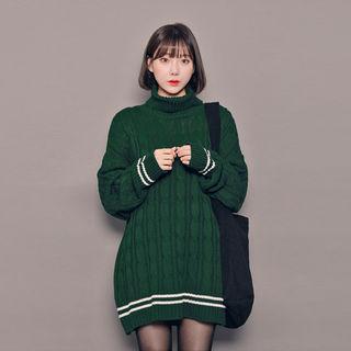 Turtle-neck Contrast-trim Long Knit Top