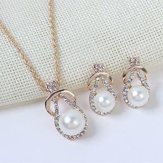 Set : Rhinestone Faux Pearl Pendant Necklace + Dangle Earring Gold - One Size
