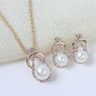 Set : Rhinestone Faux Pearl Pendant Necklace + Dangle Earring Gold - One Size