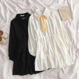 Long-sleeve Tie Neck Plain Dress