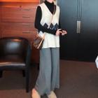 Pattern Knit Vest / Wide-leg Pants / Long-sleeve Turtleneck Top