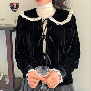 Lace Trim Velvet Jacket Black - One Size