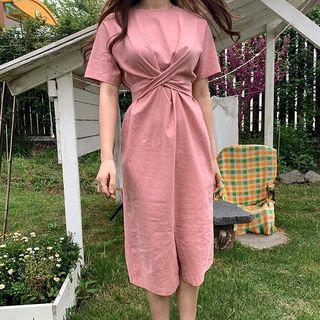 Short-sleeve Tie-waist Midi Dress Pink - One Size
