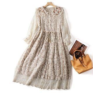 Long-sleeve Lace Panel Floral Midi A-line Dress Off-white - One Size