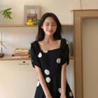 Short-sleeve Square-neck Dotted A-line Dress Black - One Size