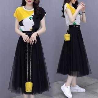 Set: Short-sleeve Printed Blouse + Midi A-line Mesh Skirt