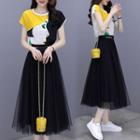 Set: Short-sleeve Printed Blouse + Midi A-line Mesh Skirt