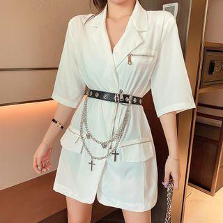 Set: Short-sleeve Blazer Dress + Grommet Belt