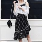 Set: Dotted Panel Blouse + Dotted Ruffle Hem A-line Skirt