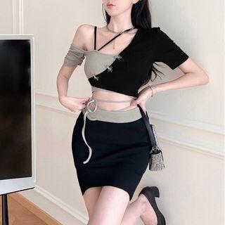 Short-sleeve Cold-shoulder Crop Top / Mini Pencil Skirt