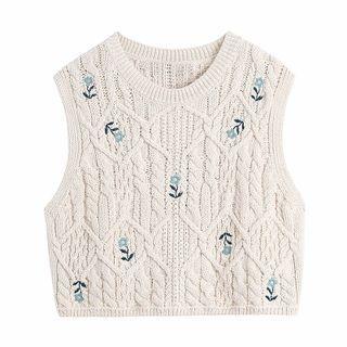 Floral Embroidered Cropped Sweater Vest