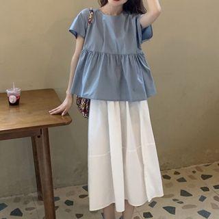 Short-sleeve Plain Blouse / Midi Skirt