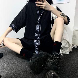 Couple Matching Short Sleeve Printed Trim Shirt With Printed Tie Black - One Size