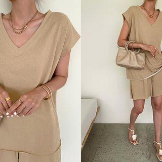V-neck Top & Drawcord Shorts Set