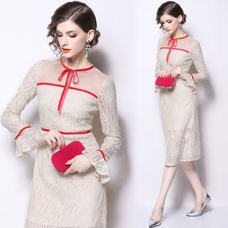 Long-sleeve Contrast-trim Midi A-line Lace Dress