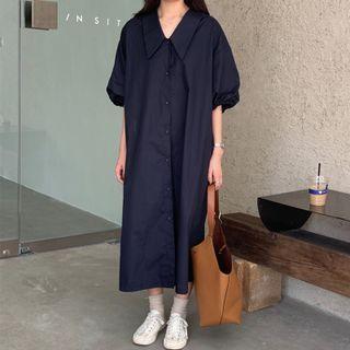 Puff-sleeve Plain Shirt Dress Navy Blue - One Size