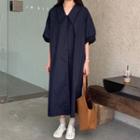 Puff-sleeve Plain Shirt Dress Navy Blue - One Size