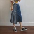 Two-tone Side-slit Midi Denim A-line Skirt