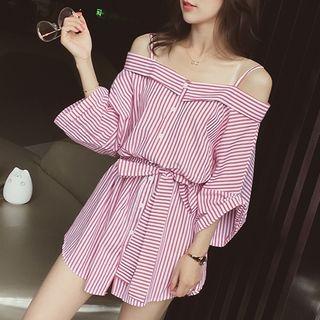 Striped Off-shoulder 3/4-sleeve A-line Dress