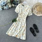Bow-waist Floral Print Short-sleeve Dress White - One Size