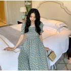 Puff-sleeve Floral Midi A-line Dress White Floral - Aqua Green - One Size