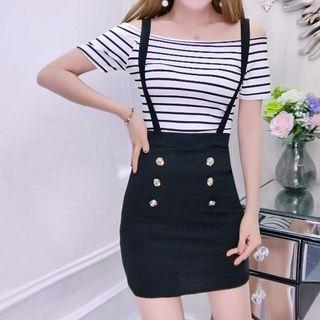 Set: Short-sleeve Off Shoulder Top + Suspender Skirt