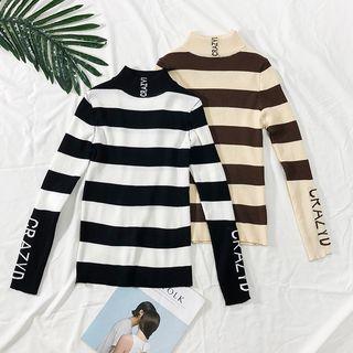 Mock-neck Lettering Striped Knit Top