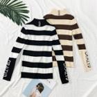 Mock-neck Lettering Striped Knit Top
