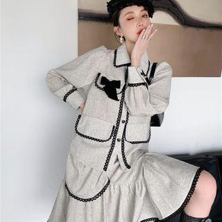 Set: Puff-sleeve Lace Trim Shirt + A-line Skirt