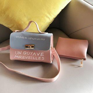 Set: Lettering Faux Leather Mini Satchel Bag + Pouch