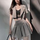 Set: Short-sleeve Cropped Blazer + Pleated Skirt