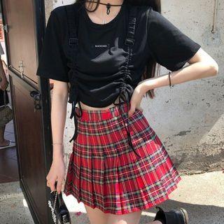 Drawstring Cropped T-shirt / Plaid Pleated Mini A-line Skirt