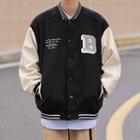 Lettering Embroidered Faux Leather Sleeve Baseball Jacket